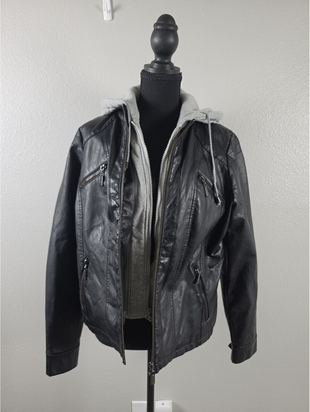 Womens XL Faux Leather Hooded Zip Up Moto Jacket Black Pockets Removable Hood